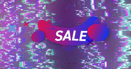 Image of sale over red and blue shape and changing violet background. Shopping, sales and promotions concept digitally generated image.の写真素材