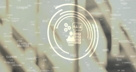 Network of digital icons and business concept texts against warehouse in background. global...