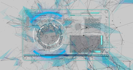Image of covid 19 cell and medical data processing on screen over networks of connection. global...