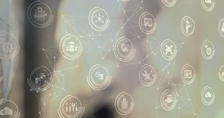 Image of networks of connections with digital icons over man touching screen. global connections, digital interface and technology concept digitally generated image.の写真素材