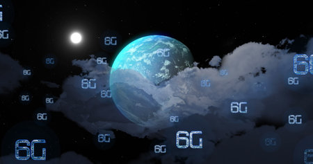 Image of network of 6g text over globe. Global networks, connections, data processing and digital interface concept digitally generated image.の写真素材
