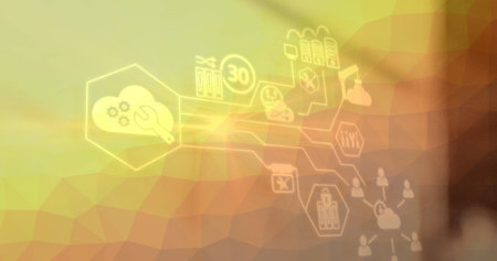 Image of network of connections with digital icons over yellow background. global connections,...