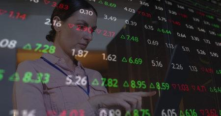 Image of data processing over caucasian female it engineer with laptop checking computer servers....