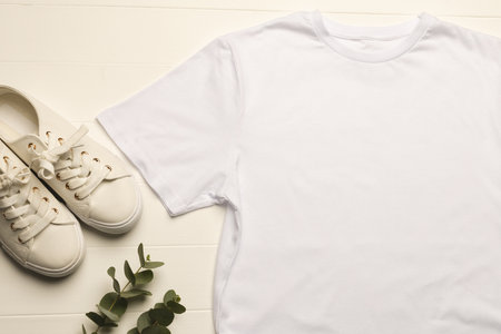 A plain white t-shirt and white sneakers are neatly arranged on a wooden surface, with a green plant...