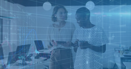 Image of financial data processing over diverse business people in office. Global business and...