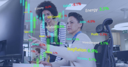 Image of data processing over diverse business people at office. Global business, computing and...
