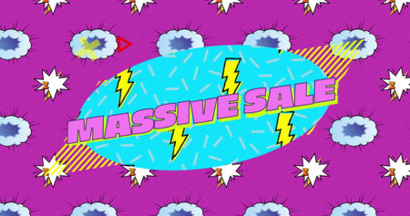 Image of pink Massive Sale on speech bubble over the Boom! and Zap! text written over cartoon retro...