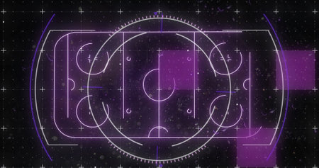 Image of scope scanning and data processing over empty office. Colour movement and digital interface concept digitally generated image.の写真素材