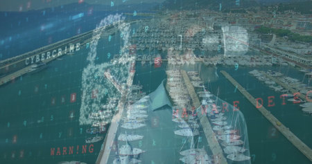 Image of cyber security, digital padlock over caucasian man in vr headset and cityscape. Network,...
