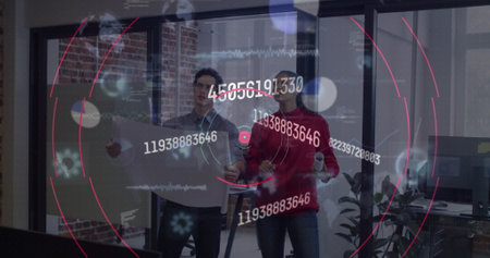 Image of changing numbers and data processing over diverse colleagues discussing at office. Global economy and business technology conceptの写真素材