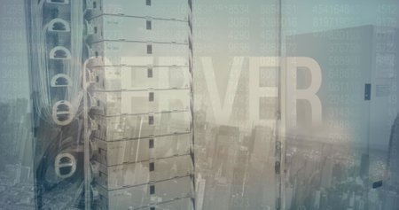 Image of server text banner over close up of a computer server against aerial view of cityscape. Business data storage technology conceptの写真素材