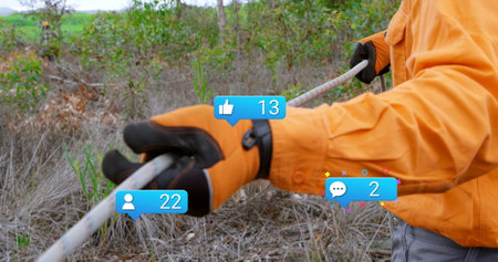 Image of falling icons over lumberjack. Global connections, data processing and digital interface...