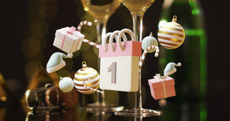 Image of calendar with 1 number date and christmas decorations. Christmas, festivity, tradition and celebration concept digitally generated image.の写真素材