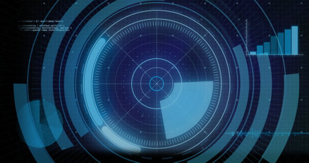 Image of scope scanning and data processing over statistics. Global computing, digital interface and data processing concept digitally generated image.の写真素材