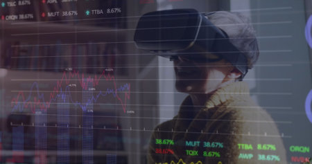 Image of data processing over caucasian woman using vr headset. Global business and digital interface concept digitally generated image.の写真素材