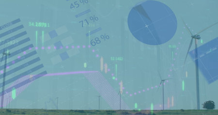 Image of infographic interface over spinning windmills against clear sky. Digital composite, multiple exposure, report, business, sustainable energy, power generation and technology concept.の写真素材