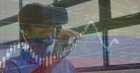 Image of data processing over caucasian man using vr headset. Global business and digital interface...