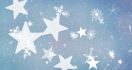Image of snow and stars over blue background. Christmas, tradition and celebration concept digitally...