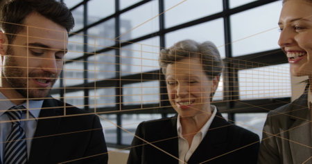 Image of shapes over caucasian business people in office. Global business and digital interface...