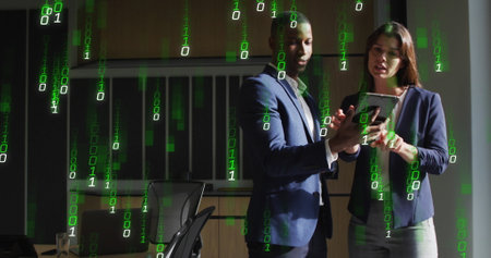Image of binary coding and data processing over business people in office. Global business, finance,...