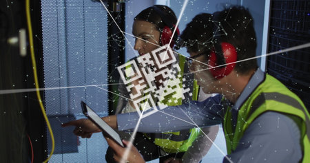 Image of data processing and qr code over diverse workers in server room. Computer security day and celebration concept digitally generated image.の写真素材
