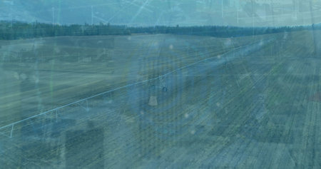 Image of data processing over landscape. Global business and digital interface concept digitally...