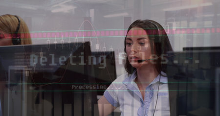 Image of financial graphs and data over caucasian female call center worker. Business, call center,...