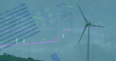 Image of multiple graphs, map and database over low angle view of windmill against clear sky....