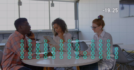 Image of statistics and data processing over diverse business people in office. Global business,...