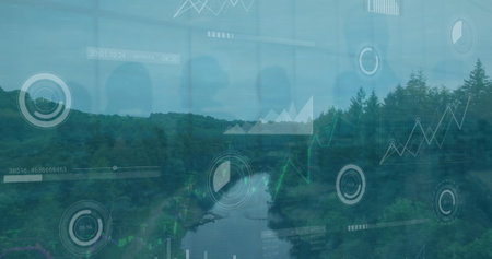 Image of statistical data processing over aerial view of landscape with sea and forest. Business data technology conceptの写真素材