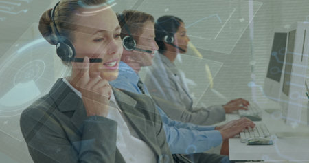 Image of financial data processing over diverse business people using phone headsets. global...