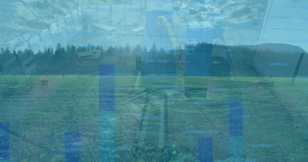 Image of data processing and statistics over transparent background. Aerial view of irrigation of green crops 4k. Economy, finance, recycling and waste utilization concept digitally generated image. image of financial data and graphs over machines on junkyard. Global data processing, graphs and digital interface concept digitally generated image.の写真素材