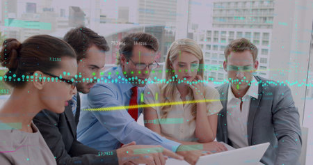 Image of statistics and data processing over business people. Global business, finance and data...