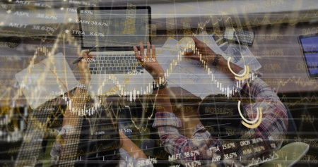 Image of statistics and data processing over business people. Global business, finance and data...