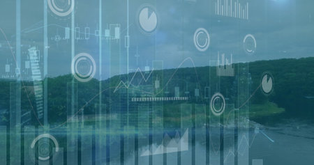 Image of data processing over landscape. Global business and digital interface concept digitally...