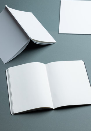 Blank open book and folded brochures on a grey background with copy space. Ideal for showcasing brochure designs or content, the neutral setting emphasizes potential customization.の写真素材
