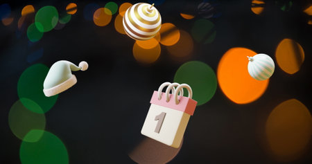 Image of calendar with 1 number date and christmas decorations. Christmas, festivity, tradition and celebration concept digitally generated image.の写真素材