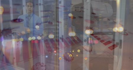 Image of data processing over caucasian male worker in server room. Global technology and digital...