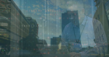 Caucasian man in a shirt is overlaid with digital cybersecurity terms. Reflections hint at a modern...
