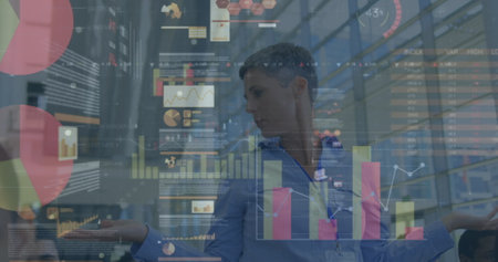 Image of statistic processing over businessman at conference. global business, data processing and...