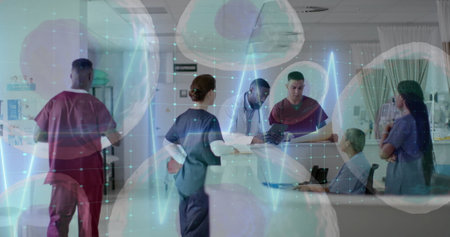 Image of cells and data processing over diverse doctors in hospital. Global medicine, healthcare,...