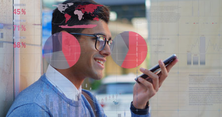 Image of data processing over biracial man using smartphone. Global business, finances and digital...
