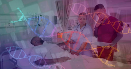 Image of dna strand over diverse male patient and doctors in hospital. Global medicine, healthcare, connections, computing and data processing concept digitally generated image.の写真素材