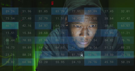 Image of financial data processing over african american male hacker by computer. Global business, finances, computing and data processing concept digitally generated image.の写真素材