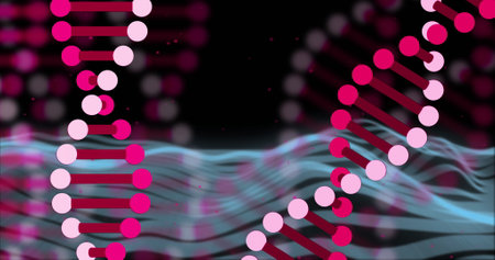 DNA strands and binary coding image over undulating blue waves. Science, technology, digital,...