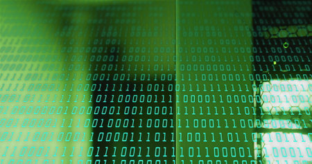 Binary code image over shadowy figure in green background. Technology, digital, cybersecurity,...