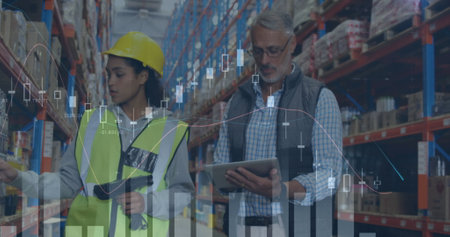 Image of statistics financial data processing over man and woman working in warehouse. global...