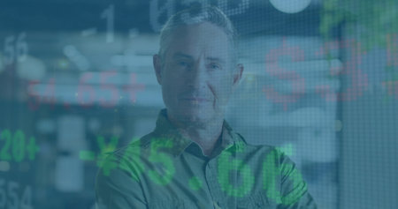 Image of financial data processing over caucasian businessman in office. Global finance, business,...