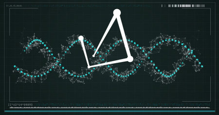 DNA strand and molecular structure image over digital grid background. Genetics, biotechnology, science, data, technology, healthの写真素材