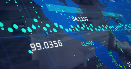 Image of financial data processing over empty office. Global business, finances, computing and digital interface concept digitally generated image.の写真素材
